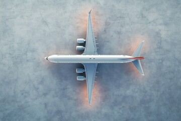 top view of a large commercial airplane parked on a concrete surface with subtle lighting around its edges