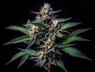 Close-up of a flowering cannabis plant with green serrated leaves and dense purple-tinged buds covered in white trichomes and orange pistils on a black background