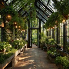 Fototapeta premium Sunlit Greenhouse Filled with Lush Greenery and Potted Plants