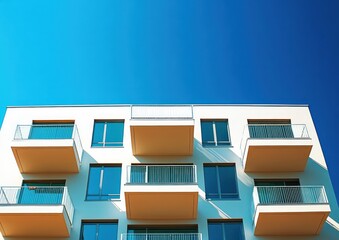 Modern white apartment building with multiple balconies and large windows under a clear blue sky