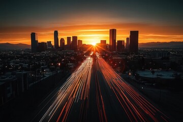 vibrant sunset behind a city skyline with illuminated high-rise buildings and long exposure light trails of vehicles on a busy highway