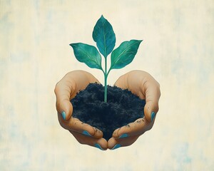 Close-up of hands gently holding soil with a small green plant sprouting, symbolizing growth and nurturing care against a soft neutral background