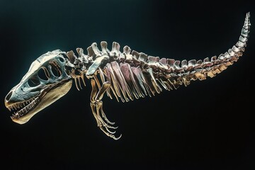 Detailed fossilized skeleton of a large predatory dinosaur displayed against a dark background, showcasing skull, ribs, limbs, and long tail bones in a scientific setting