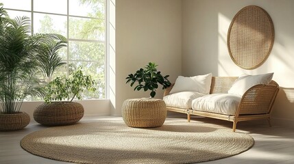 Natural light-filled home space with minimalist furniture, potted greenery and woven wall art, clean aesthetic, front-facing camera angle 