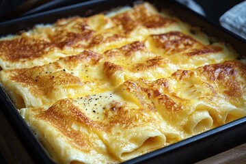 Close-up of freshly baked golden cheesy lasagna with creamy sauce and pepper seasoning in a black baking tray