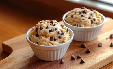 Two white ceramic bowls filled with creamy chocolate chip cookie dough on a wooden cutting board with scattered chocolate chips under soft natural light