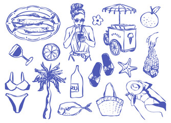 Obraz premium Aesthetic Summer Vacation, Hand Drawn Picnic Fun Holiday Hawaiian and Italia Beach Summer Icon. Palm Tree, Lemon, Umbrella, Hand Drawn Food, and Surfing Girl in Vector Doodle Style 