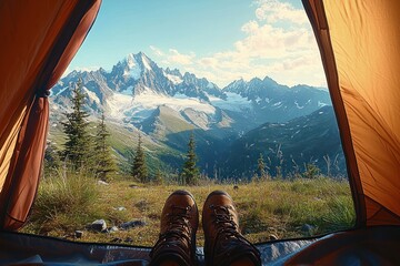 view from inside a tent showing hiking boots with a stunning mountain range covered in snow and trees under a clear blue sky
