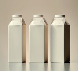 Three identical white cardboard cartons with screw caps standing side by side on a reflective surface with soft lighting and a neutral background
