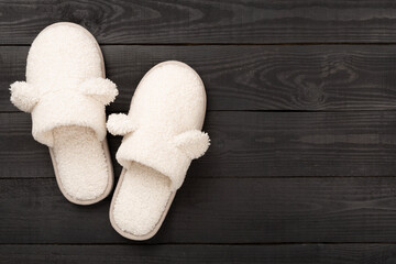 Soft teddy slippers on wooden background, top view