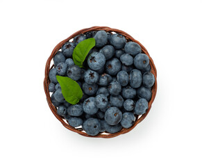 Basket with fresh blueberries isolated on white,top view