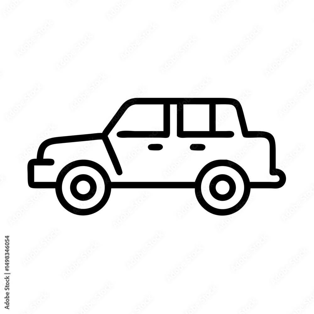 Poster simple depiction of a boxy automobile with visible wheels and windows in a line drawing style design