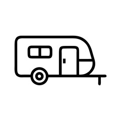 Simple outline of a recreational vehicle with a door, window, and wheel on a trailer hitch