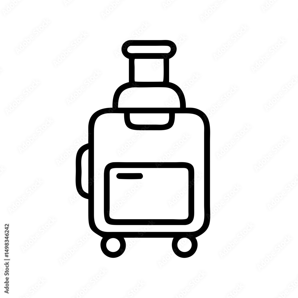 Poster simple graphic of a rolling suitcase with a handle and a small front pocket design in outline style