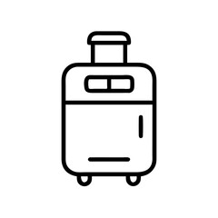 Outline drawing of a suitcase with a handle and wheels for travel and transporting items or luggage