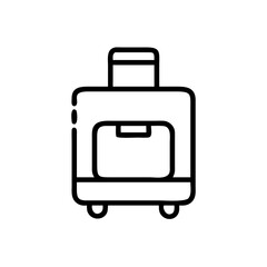Outline drawing of a suitcase with wheels and handle on top for travel and vacation use, simple design