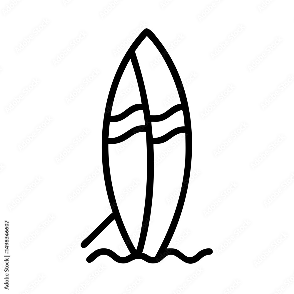 Poster surfboard on the beach with waves in a simple line drawing style for summer fun and recreation time