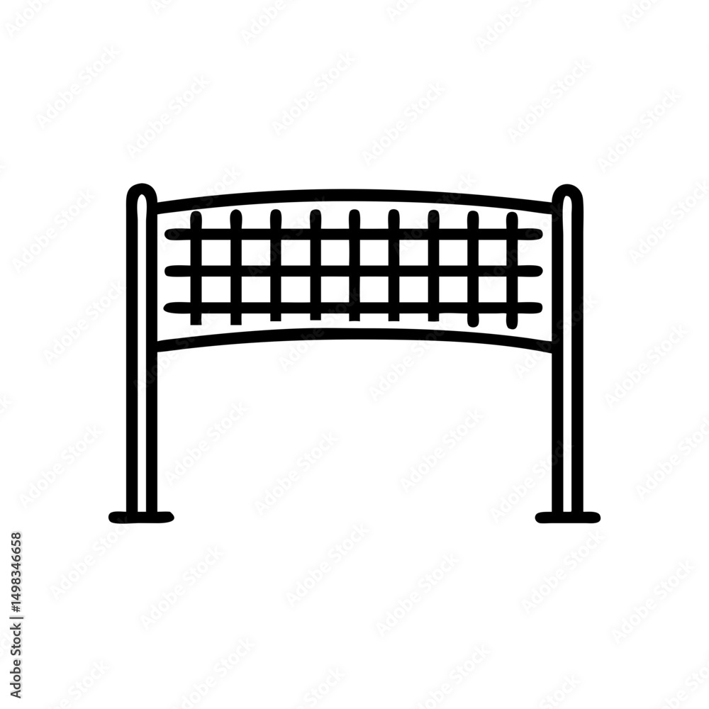Poster simple graphic depiction of a volleyball net with posts and a grid pattern in black outline style de