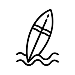 Stylized surfboard standing upright in the water with wave details shown in a simple line drawing style