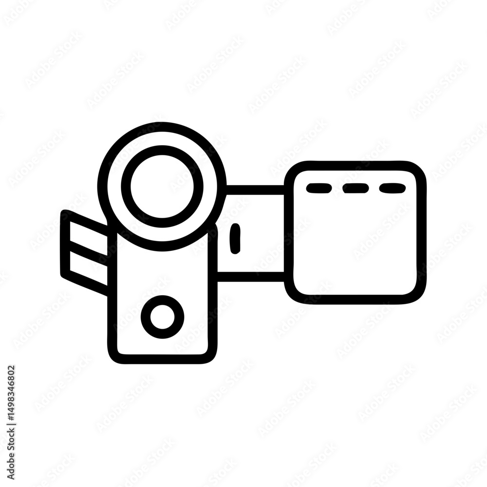 Poster simple line drawing of a handheld camcorder with viewfinder and recording screen shown in outline fo