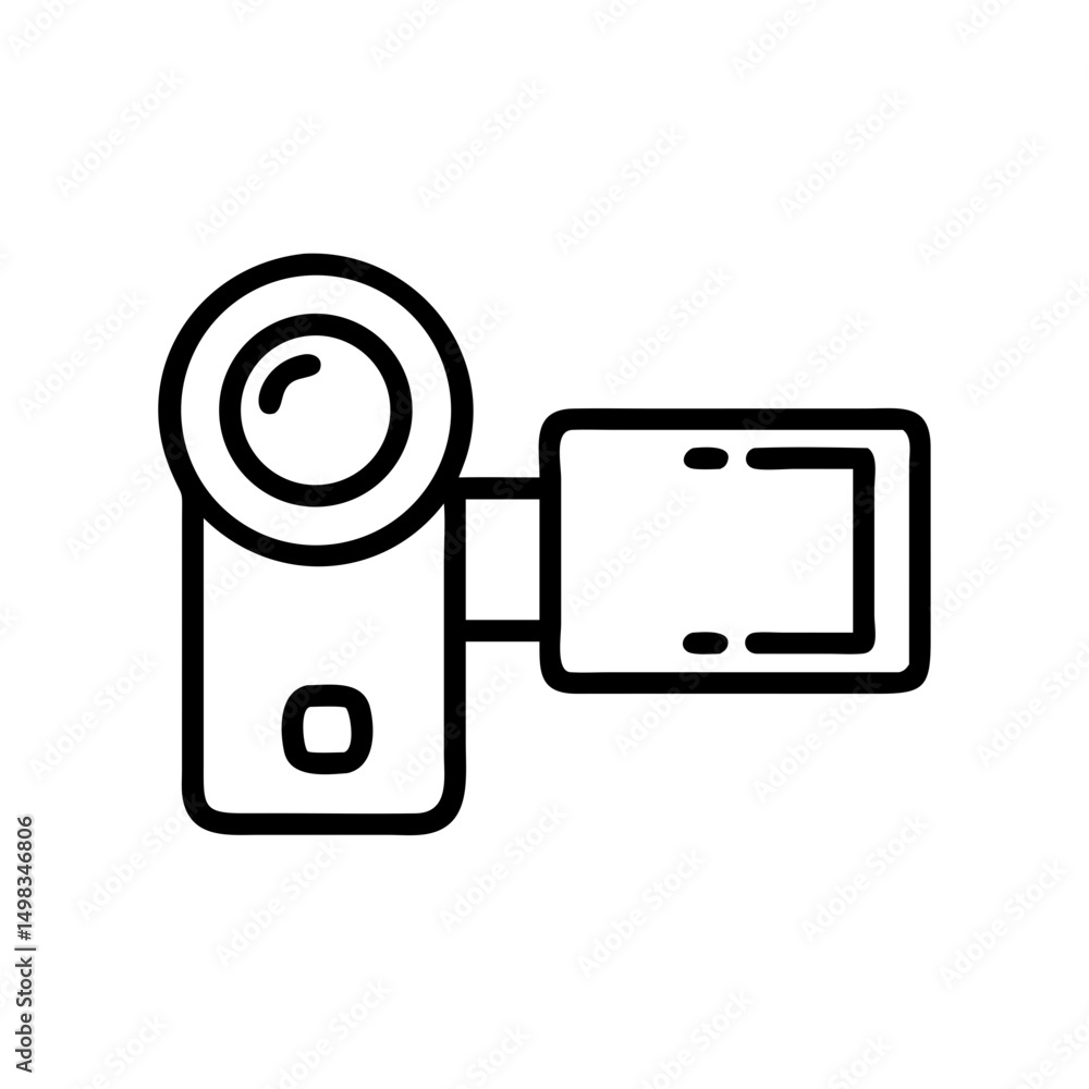 Poster outline drawing of a handheld camcorder with a lens and a display screen showing recording status