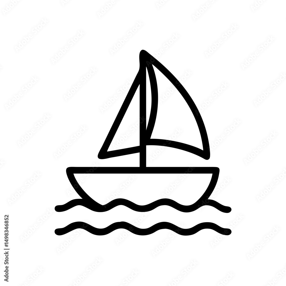 Poster simple graphic of a sailboat with two sails floating on wavy water in black outline style design ele