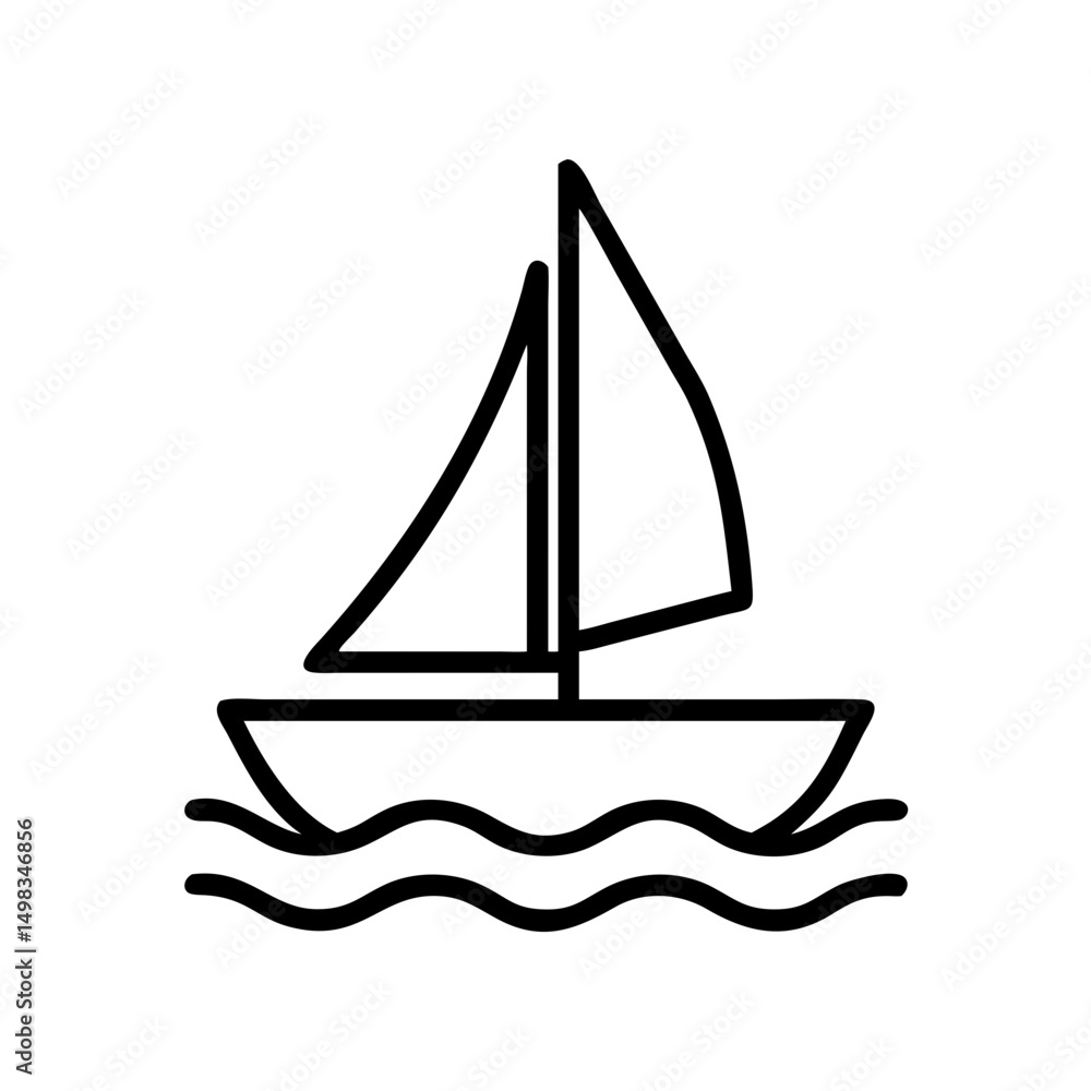 Poster a simple graphic of a sailboat with two sails floating on a wavy sea in a minimalist style drawing