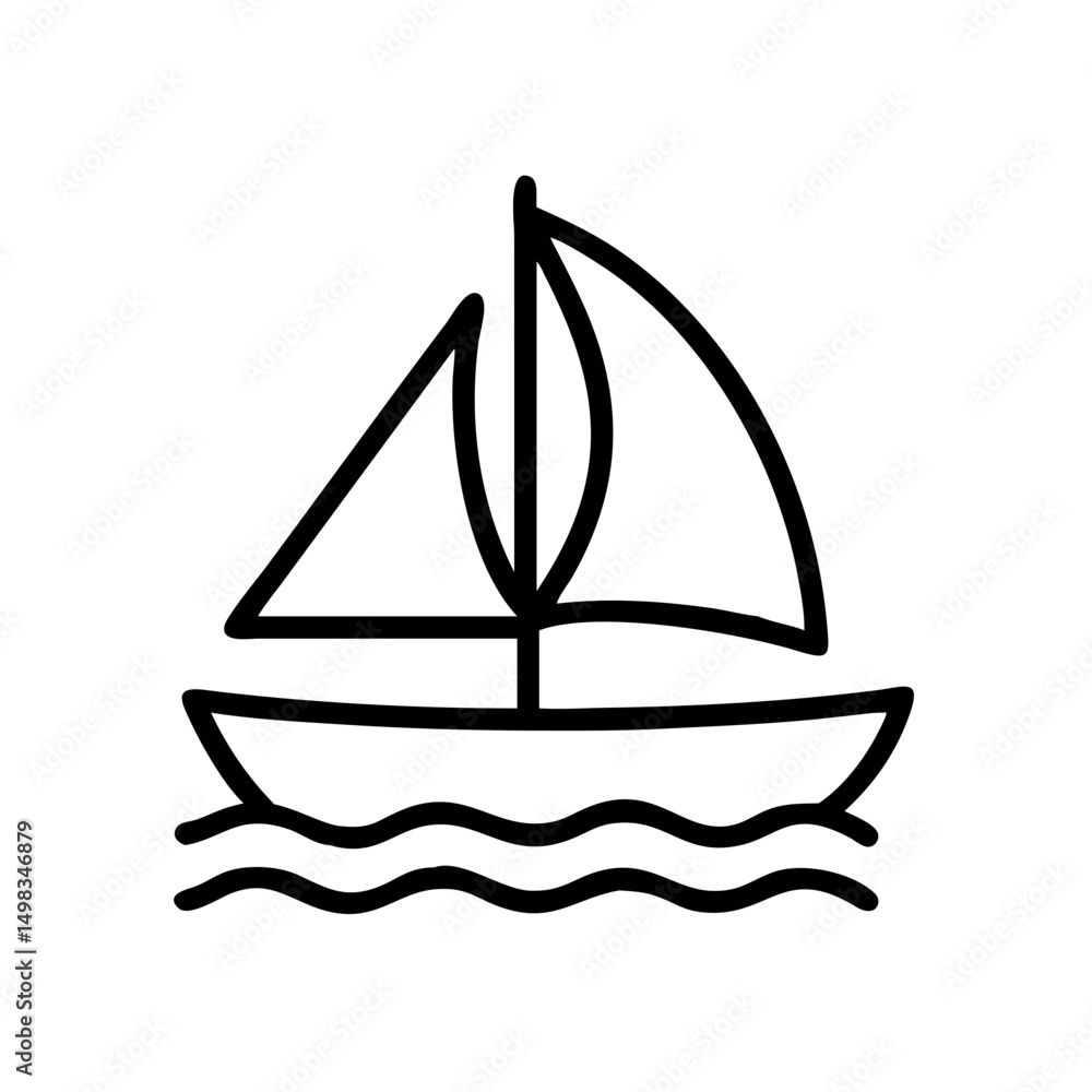 Poster simple depiction of a sailboat with two sails floating on wavy water in a graphic style design