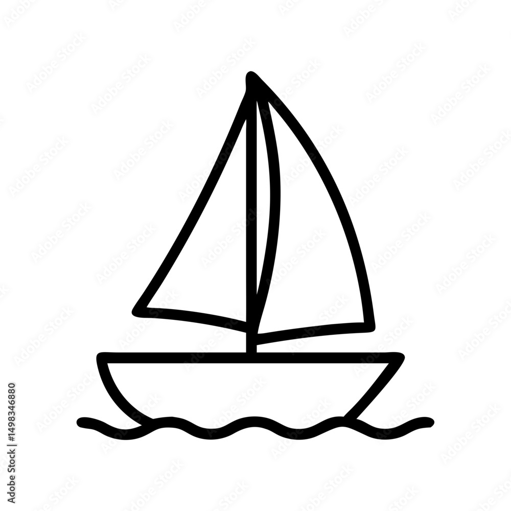 Poster simple outline drawing of a sailboat with two sails floating on wavy water design element for prints