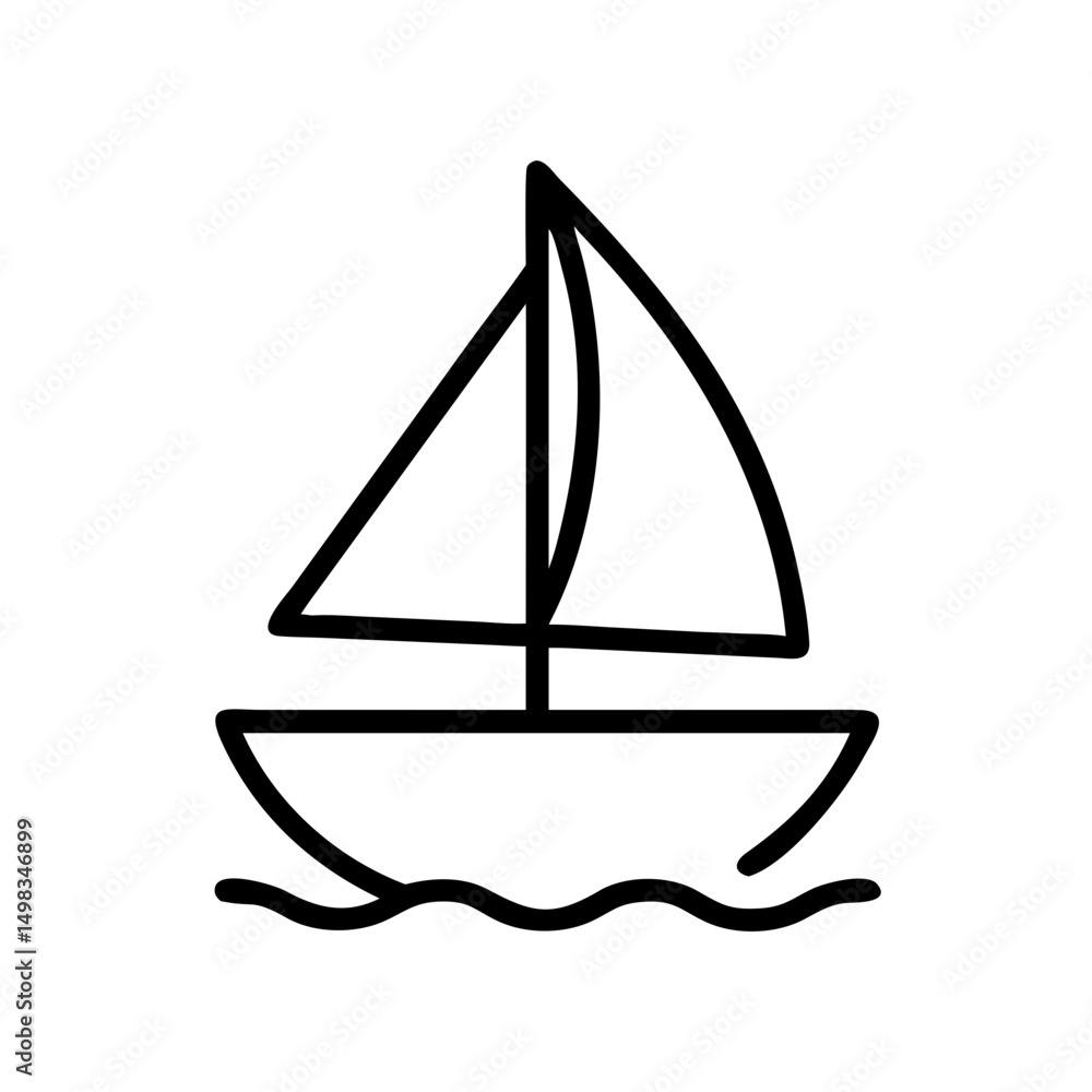 Poster simple line drawing of a sailboat with two sails floating on a wavy water surface design element