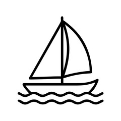 A simple graphic of a sailboat with two sails floating on wavy water in a black outline style