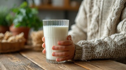 Child's hand holding milk glass close up in modern kitchen 