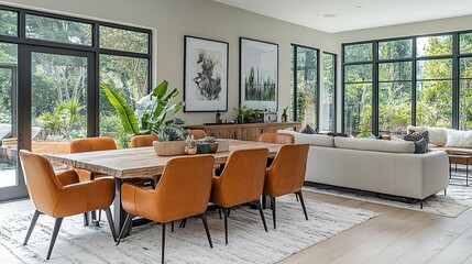 Fototapeta premium Simple stylish interior with tan leather chairs around set table, white rug and soft couch beside, natural window light, lifestyle photo style 