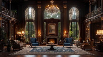 Obraz premium Sophisticated French-style interior with carved panel walls, vintage chairs and crystal decor, ambient lighting, symmetrical wide shot 