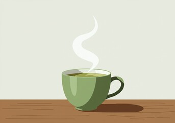 Steaming Green Tea in a Minimalist Green Mug on a Wooden Table, Serene Beverage Illustration
