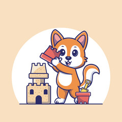 Delightful illustration of a curious squirrel holding a sandbucket, building a majestic sandcastle, perfect for kids project,nursery decor or summer themed design 