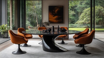 Stylish round dining table with black base and brown chairs, soft natural light, centered framing 
