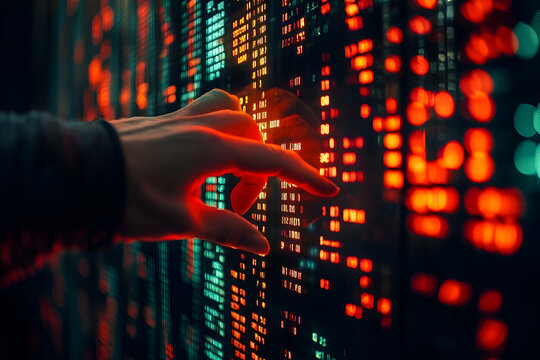 A hand interacts with a wall-mounted digital display.