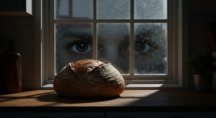 Loaf of Bread with Eyes Looking Out Window – Surreal Concept Photo

