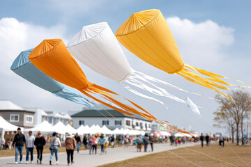 Naklejka premium Colorful kites flying above a lively outdoor festival with people walking along a path lined with tents and houses.