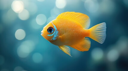Vibrant yellow tang fish swims gracefully in soft pastel blue and green ocean hues.