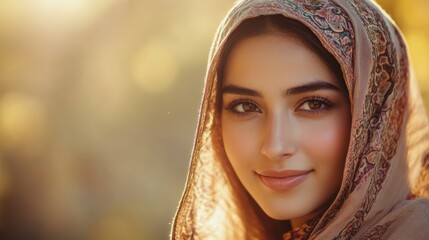 Delicate beauty radiating warmth and serenity under soft golden light in a tranquil outdoor setting