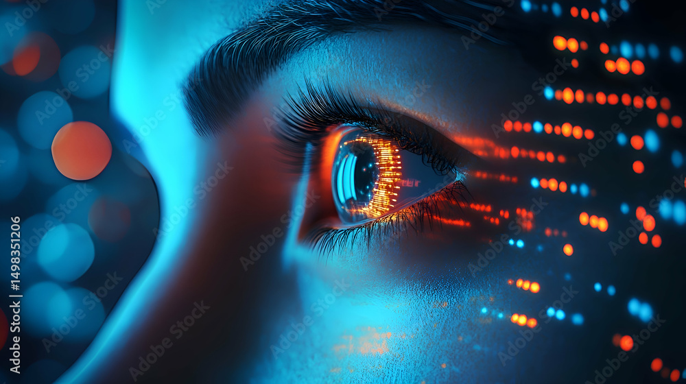 Aufkleber close-up view of a glowing eye with digital patterns.