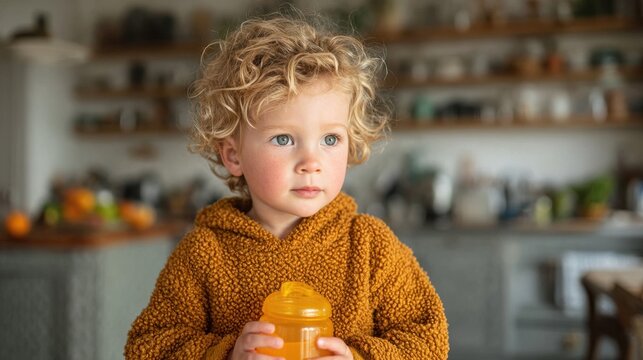 Toddler holding sippy cup with juice in bright kitchen