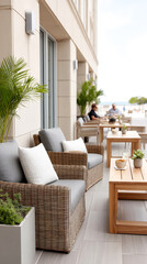 Obraz premium Cozy outdoor patio with wicker chairs, wooden tables, potted plants, and people relaxing near a modern building by the sea.