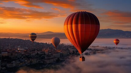 Obraz premium Aerial View of Hot Air Balloons Soaring Over a City at Sunrise