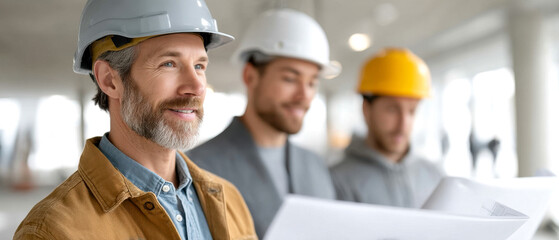 Engineers wearing safety helmets review construction plans at a building site, focusing on project details and teamwork.