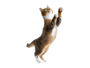 A cat is jumping in the air, with its hind legs on one side and front paws raised up high, against a transparent background