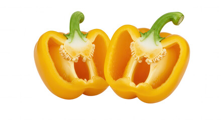 Close-up of bisected yellow bell pepper with green stem on transparent background