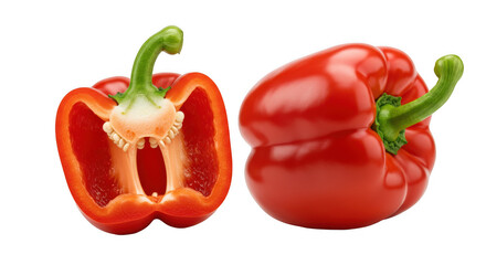 Two red bell peppers, one halved, on transparent background